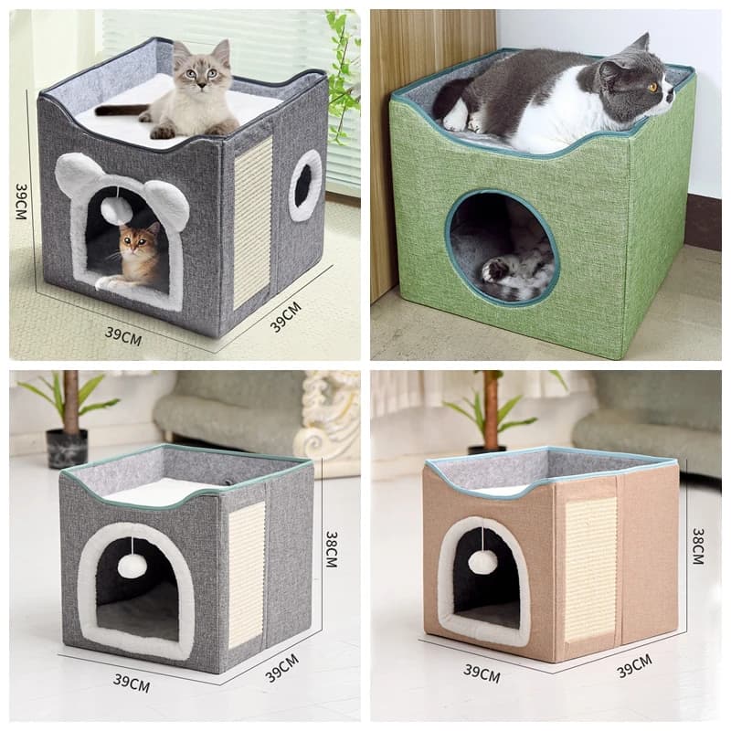 Casa per dormire per gatti quadrata pieghevole casa per gatti calda e confortevole Villa per cani a doppio strato cuccia Semi chiusa prodotti per animali domestici