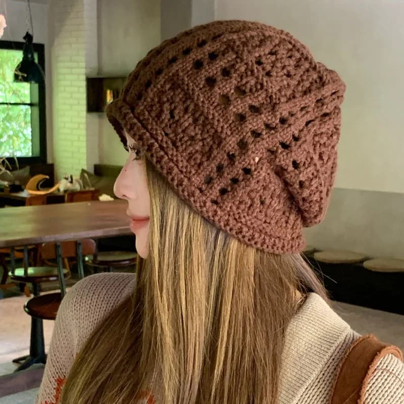 Cappello allentato alla moda con uncinetto Cappello coreano con colletto a testa grande da donna Primavera Autunno Cappello lavorato a maglia di lana rilassato casual all'aperto