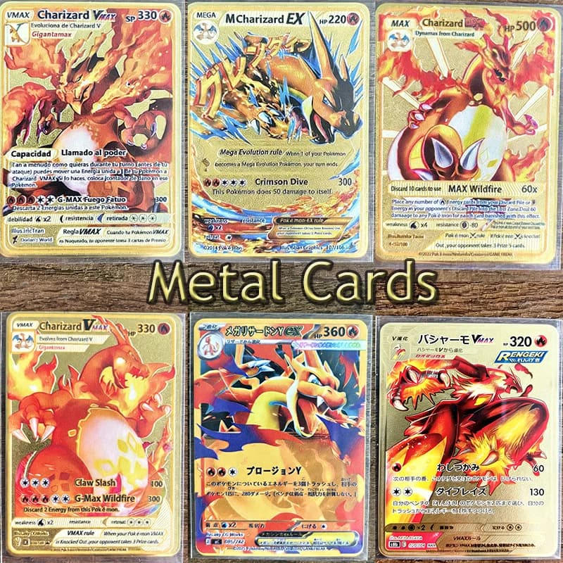 Carte Collezionabili in Metallo a Tema Charizard, Arceus, Mewtwo, Super Lehiram, 6 Pezzi in Lamina d'Oro, Carte da Collezione Fan Art, Regalo Giocattolo