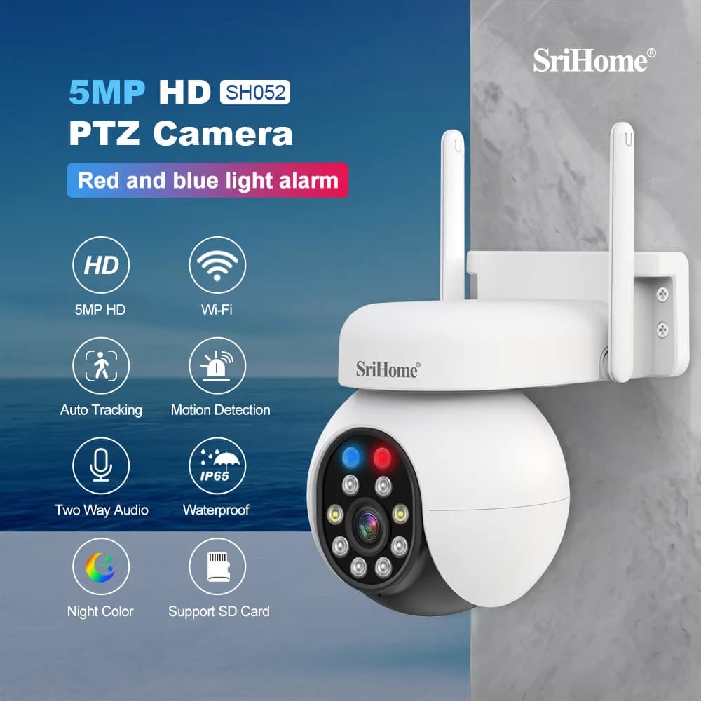 Srihome SH052 5MP 1944P Telecamera dome IP PTZ wireless a colori AI Rilevazione umanoide Sicurezza domestica CCTV Citofono Baby Monitor