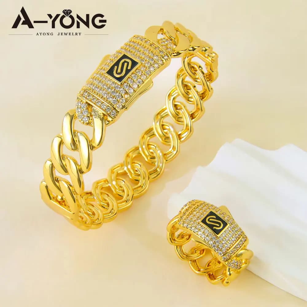 Set di Gioielli Arabi con Zirconia, Placcati in Oro 24k, Bracciale e Anelli da Sposa Nigeriani, Gioielli Hip Hop per Donne di Dubai