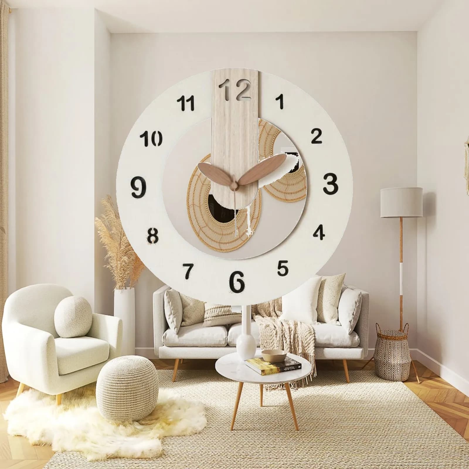 Cream Wall Timepiece Clock Non Ticking Wood Grain Wall Clock Decorative Home Decor for Living Room
