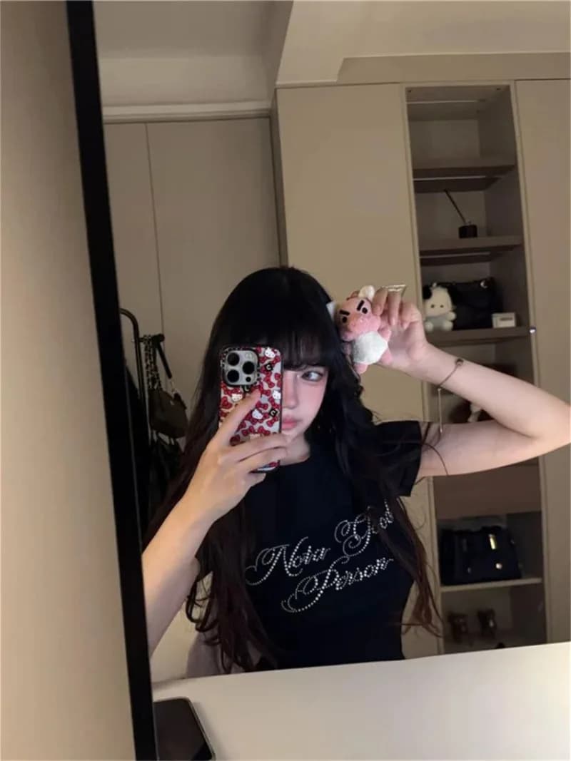 T-shirt americana a maniche corte con strass T-shirt estiva per ragazza nuova con stampa di lettere di diamanti T-shirt slim fit coreana da strada