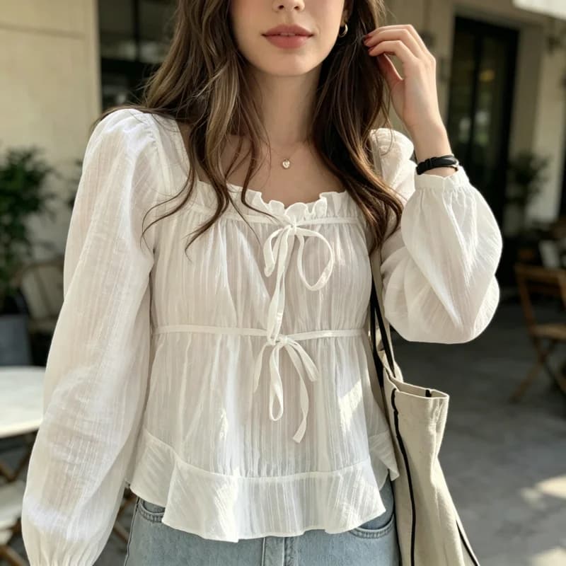 Nuove Camicette Bianche da Donna Primavera 2026 con Maniche Lunghe e Lacci, Camicia Casual Elegante per Ragazze