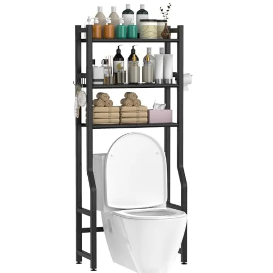 Scaffale portaoggetti a 3 livelli da posizionare sopra il WC con porta carta igienica, scaffali da bagno autoportanti in metallo con 4 ganci, scaffale sopra il WC