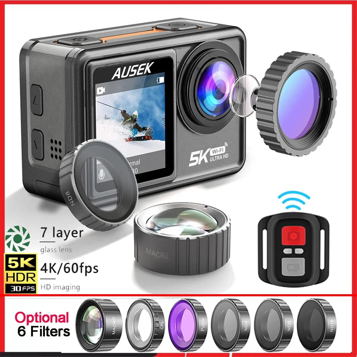 Action Room with 2 Inch IPS Double Screen, 5K 30FPS, 4K 60FPS, 50MP, EIS, Pre-Registration, 6 Optional Filters, Webcam 1080P, Vlog, WiFi, Sport Camera