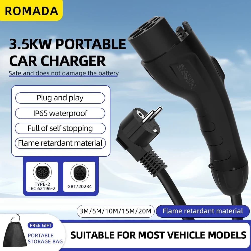 GB/T20234 Caricatore portatile EV da 3,5KW 16A con connettore Spina UE 3M-20M Opzioni di lunghezza cavo Adattatore wallbox per veicolo elettrico