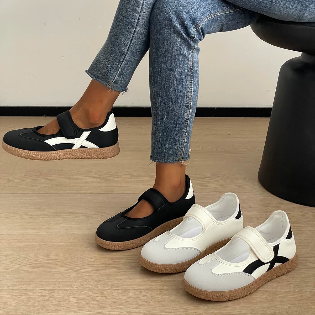 Women Velcro Strap Mary‑Jane GAT Sneakers Color‑Block Patchwork Gum Flat Sole Lightweight Fashion Daily Walking Casual Trainers