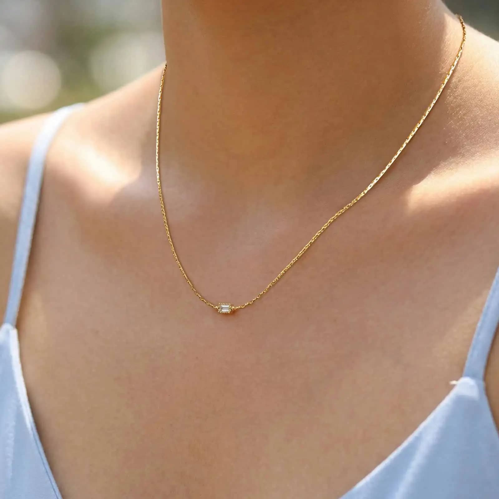Tiny Rectangular Zircon Necklace for women, Stainless Steel Minimalist Rectangular Pendant, Thin Chain Colar Tarnish Free