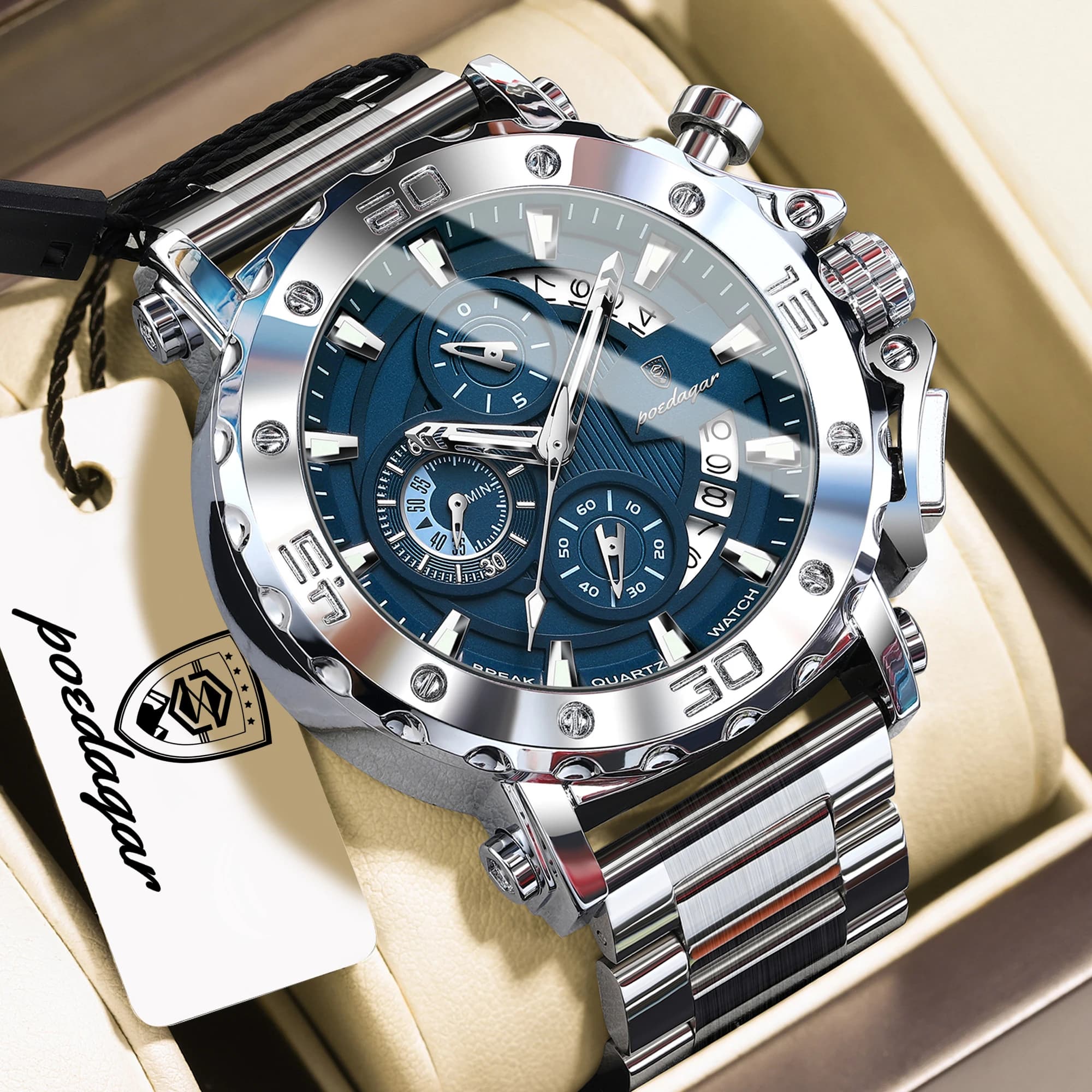 Orologio sportivo da uomo POEDAGAR con calendario, luminoso, impermeabile, cronografo, in acciaio inossidabile, al quarzo, per uomo, Reloj