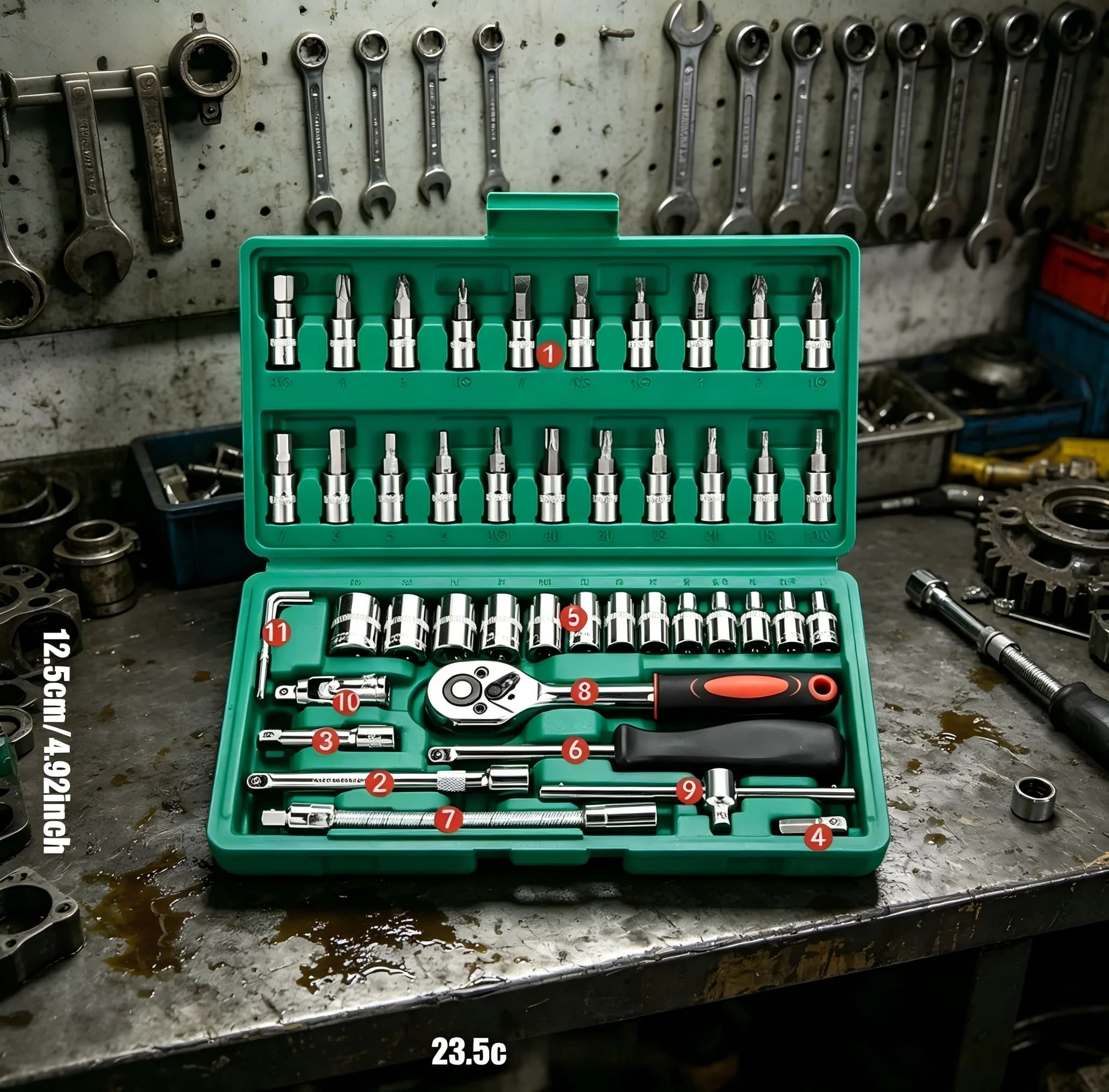 Set of mechanical tools from 46 pieces 1/4 for car repair, with metric compasses, hexagonal insert set, inch hatch key