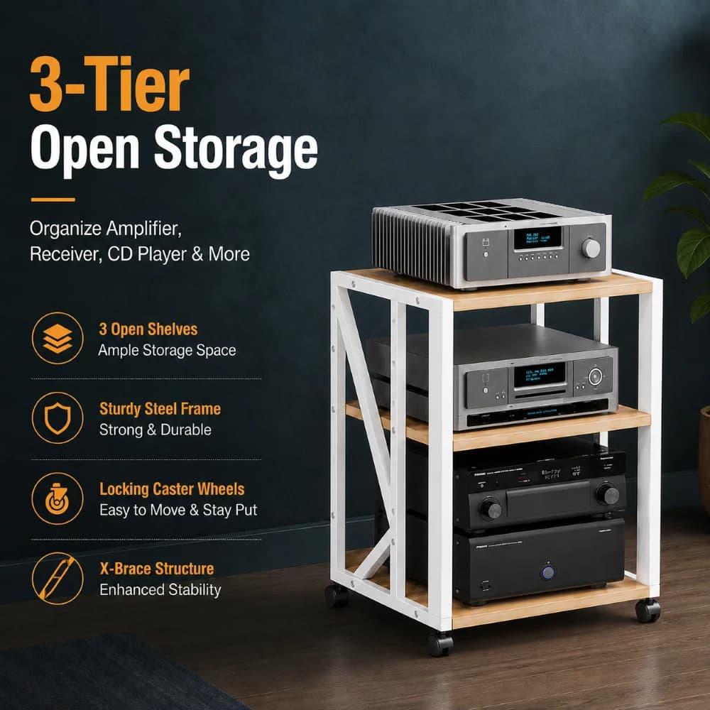 2-3 Tier Audio Rack Steel Frame Media Bracket 18mm Thick E1 Panels Amplifiers Stand with Wheels For Amp Home Theather Storage DJ