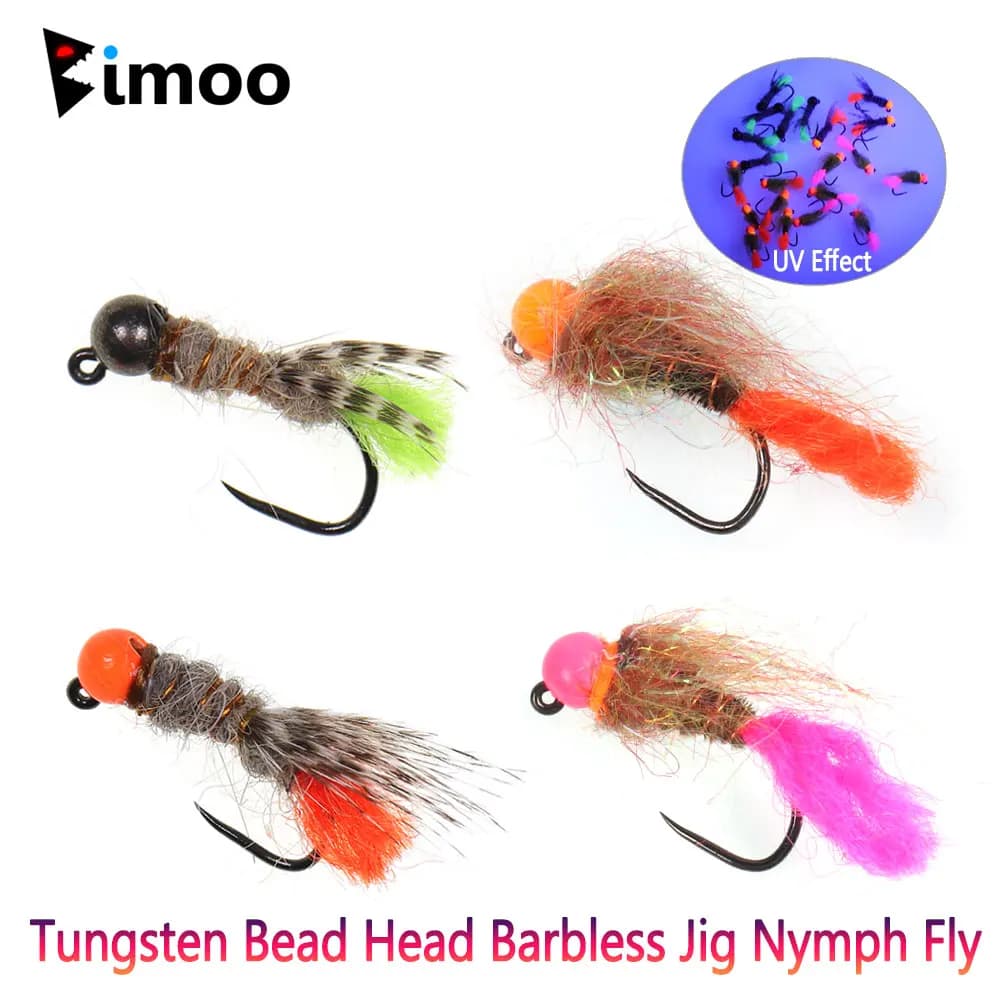 Bimoo 6PCS Testa di perline di tungsteno Barbless Jig Ninfa Fly Veloce Lavello Orecchio di lepre Dub Euro Fluorescente Mosca bagnata Trota Richiamo di pesca Esche