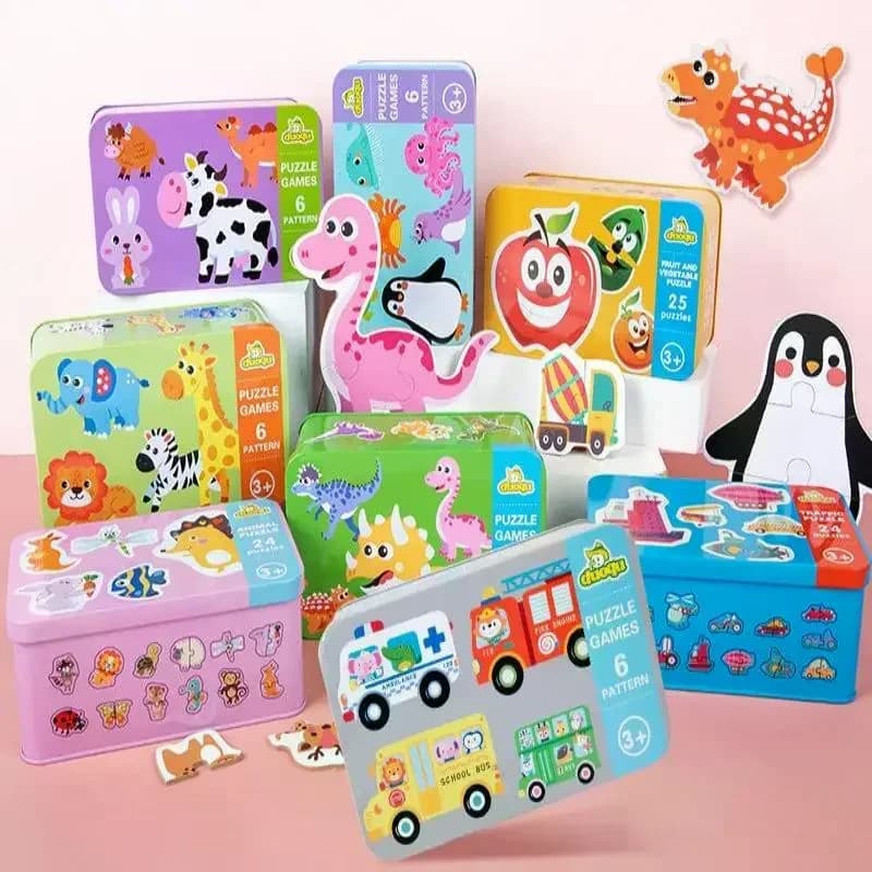 Set di giocattoli educativi Montessori 6 in 1 scatola di ferro in legno puzzle gioco da tavolo cartone animato auto a tema animale per bambini