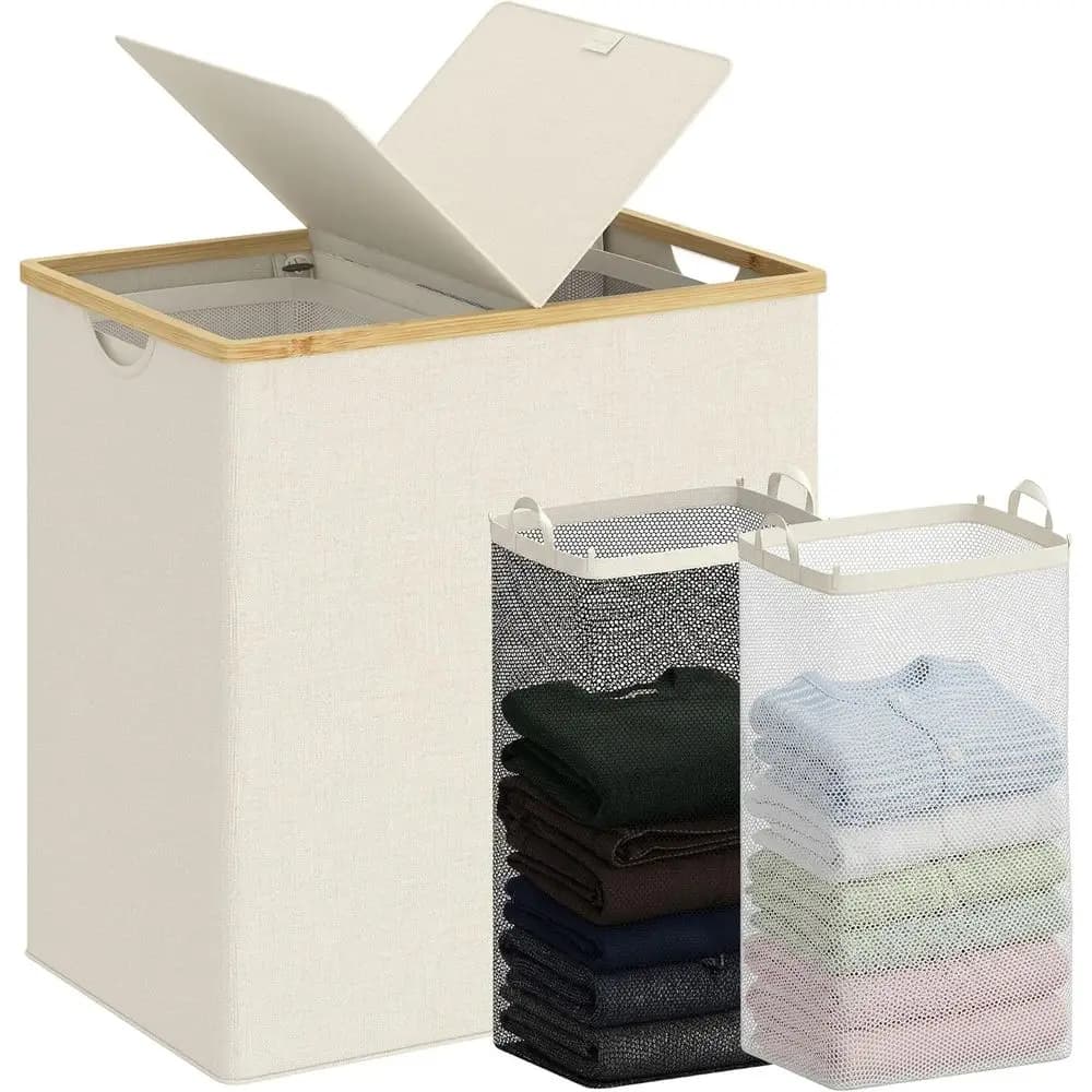 Laundry Hamper with Lid, Double Laundry Basket with 2 Removable Bags, 2 Section Laundry Bin with Bamboo Handles, 140L Beige