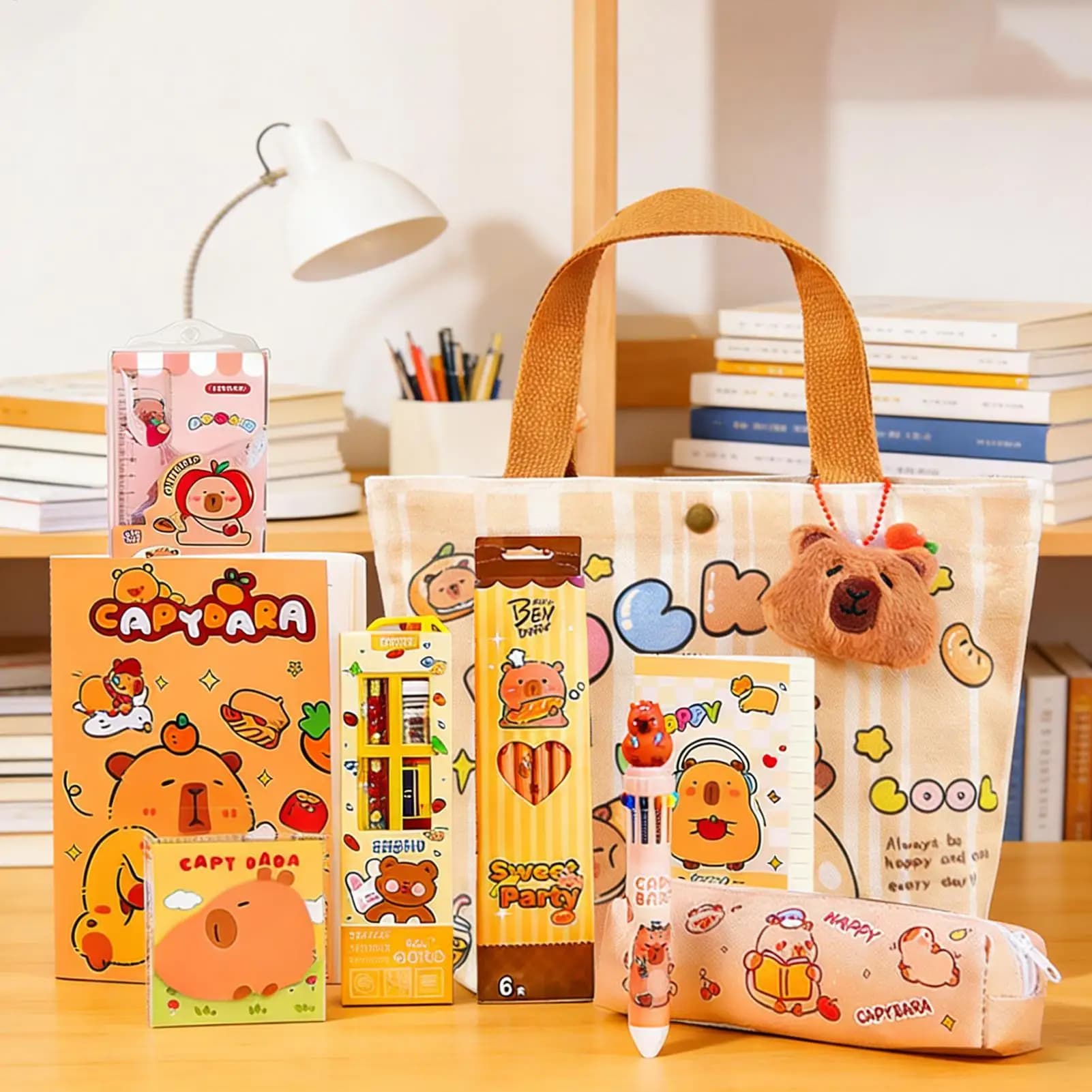 Set di Cancelleria con Capibara Cartoon, Astuccio Carino con Penne, Clip, Righelli, Note Adesive, Penna a Sfera, Organizzatore per Studenti
