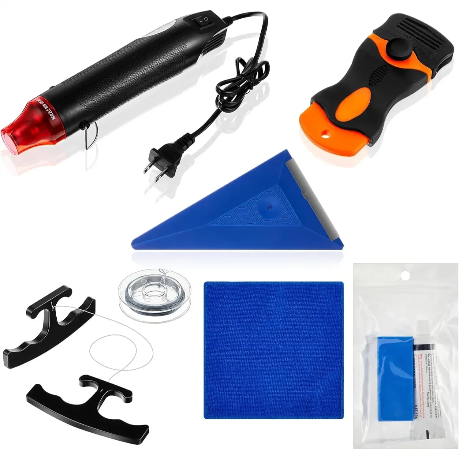 Kit di Strumenti per la Rimozione di Emblemi con Pistola Termica, Raschietto a Lama, Squeegee e Cavo in PE da 5m per l'Installazione di Pellicole per Car Wrapping