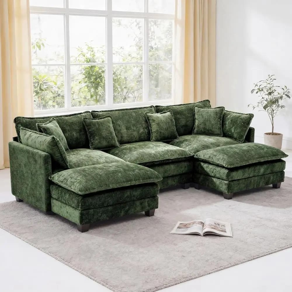 Divano Sezionale Verde a 3 Posti con 2 Pouf, Tessuto Chenille, Cuscini a Molla e Doppia Imbottitura in Schiuma, Rivestimenti Rimovibili, Facile Montaggio