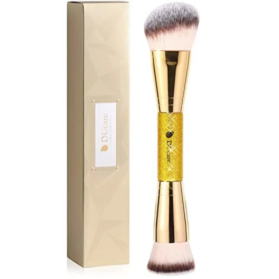 Double Brush for Fondotinta and Contouring, Glittered Golden Handle, Viso Makeup Professional Tool for Liquid, Creamy and Powdered Products