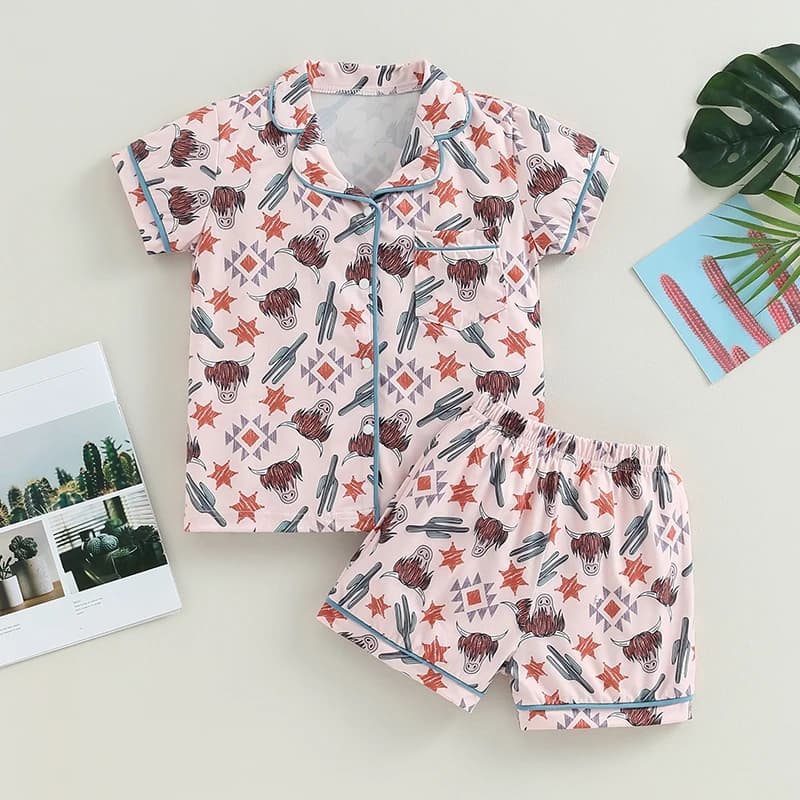 Pigiama da neonato in 2 pezzi Adorabile top abbottonato con stampa mucca a maniche corte e pantaloncini coordinati per indumenti da notte comodi