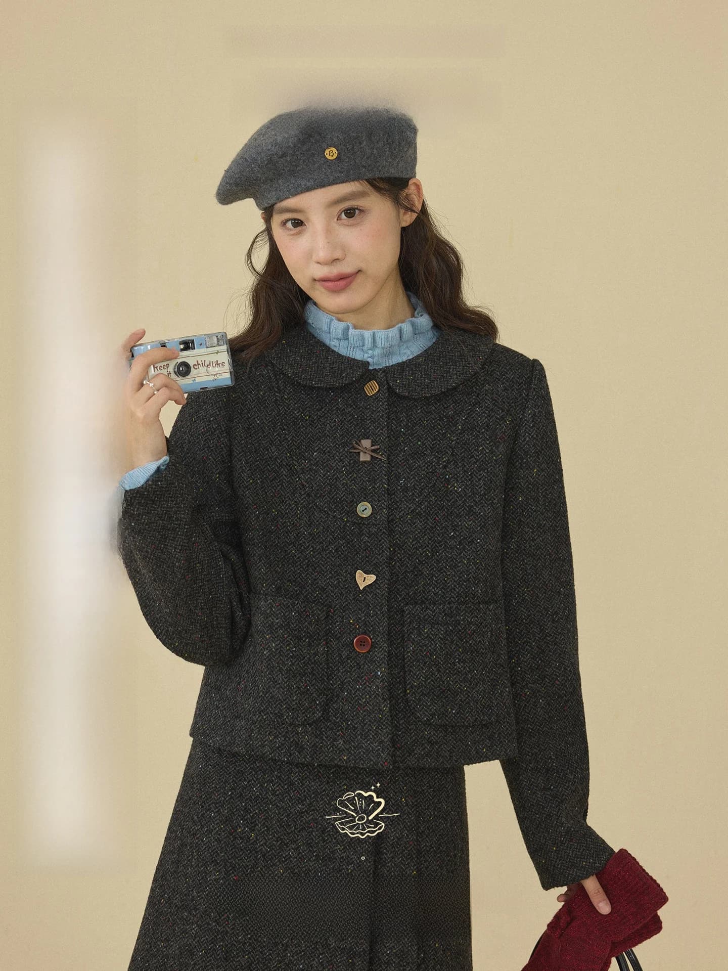 Nov Elist Set di Moda Invernale con Cappotto con Colletto a Bambola e Gonna Plissettata in Lana a Quadretti Arcobaleno, Completo Due Pezzi per Donna