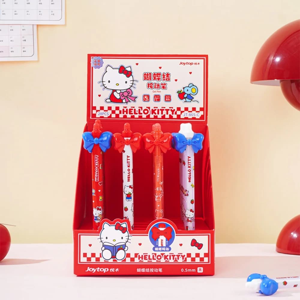 Autentica Penna Gel Retrattile Sanrio Hello Kitty con Fiocco Rosso e Blu, Inchiostro Nero 0.5mm, Scrittura Fluida, Cancelleria per Studenti, Regalo per Ragazze