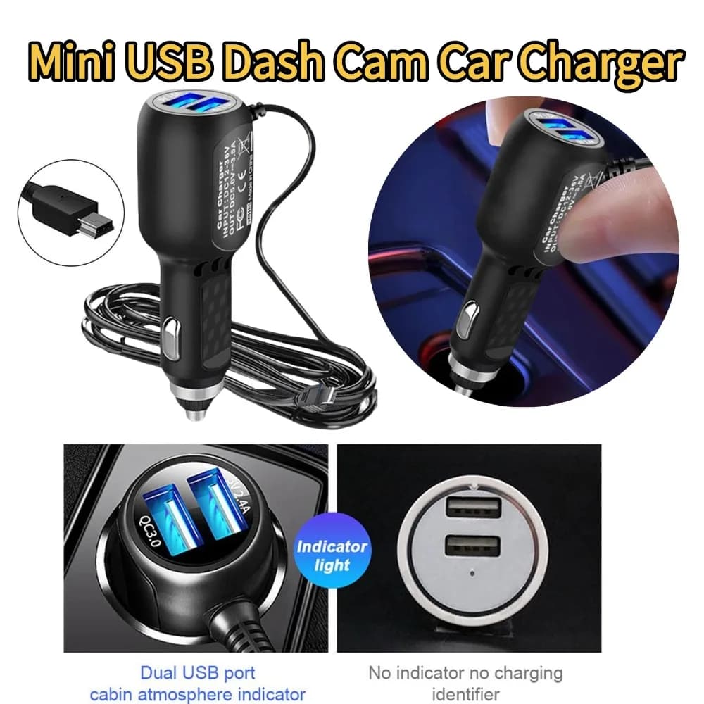 Mini USB Car Charger Dash Cam Power Supply Cable 12V 24V Dual USB Ports for DVR Camera GPS Navigator Vehicle Electronic 1/3/5Pcs