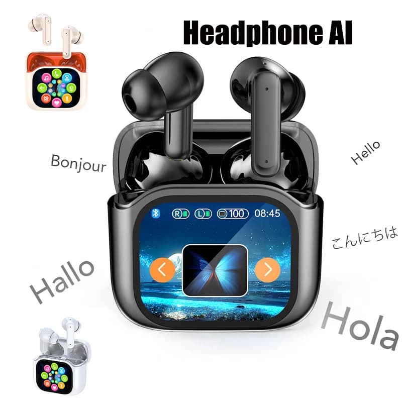 Bluetooth earphones with Smart AI translation with LCD display Noise reduces new headphones with long battery wireless digital display