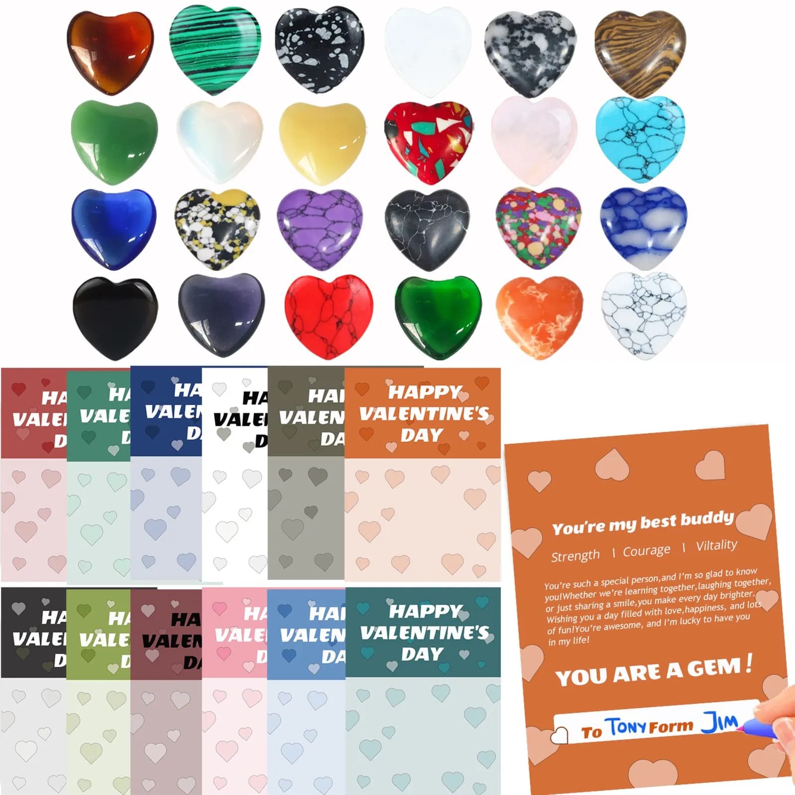 Regali con gemme per San Valentino per bambini - Confezione da 24 biglietti di San Valentino preimballati con gemma a forma di cuore per la classe scolastica
