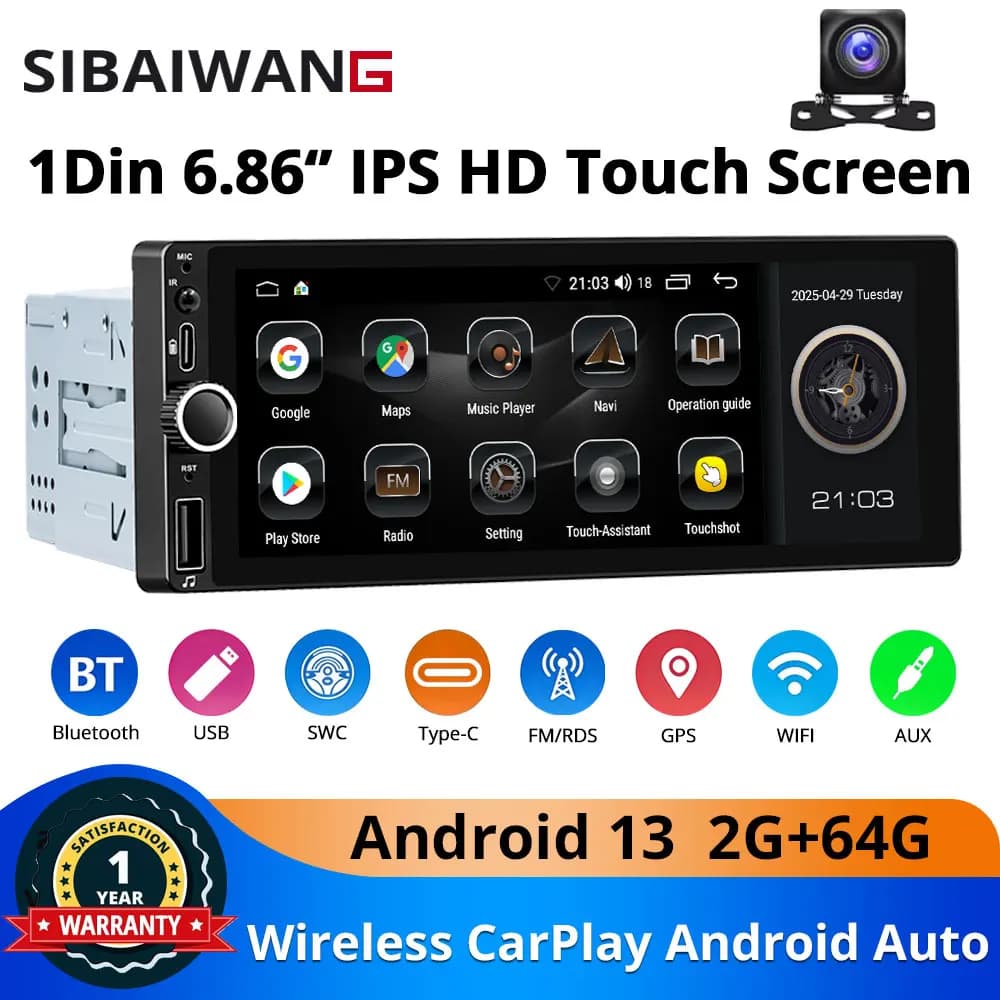 Sistemi Intelligenti per Auto Android 13 Lettore 1din Carplay Wireless Android Auto WIFI Internet Navigazione GPS RDS BT Stereo Auto