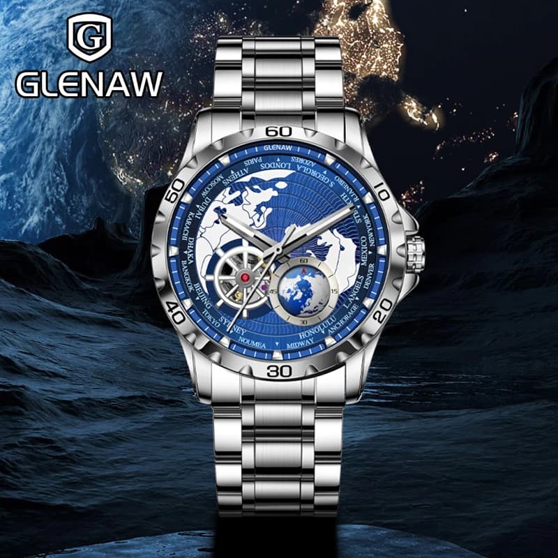 2025 New GLENAW Series Earth Mechanical Watch Rotating Earth Dial Night Light Waterproof Top Luxury Design Mechanical Watch