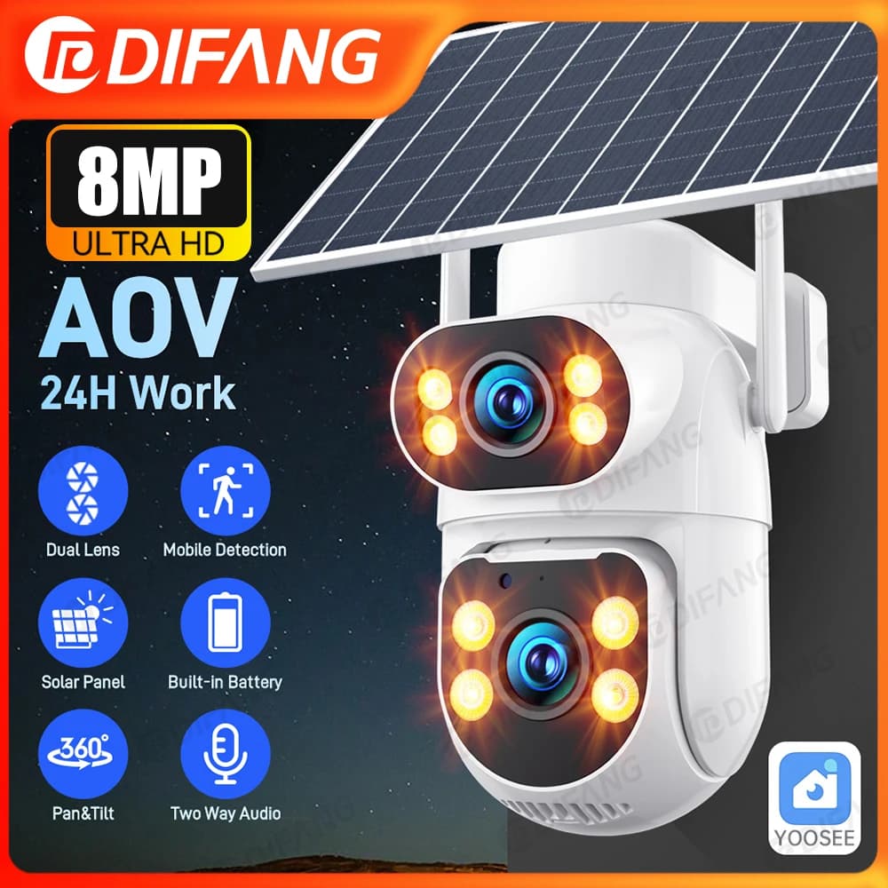 Telecamera Solare Yoosee AOV 4G per Esterni, 8MP, 3 Lenti, 3 Schermi, Rilevamento Umano PIR, Impermeabile, Visione Notturna, Sicurezza CCTV