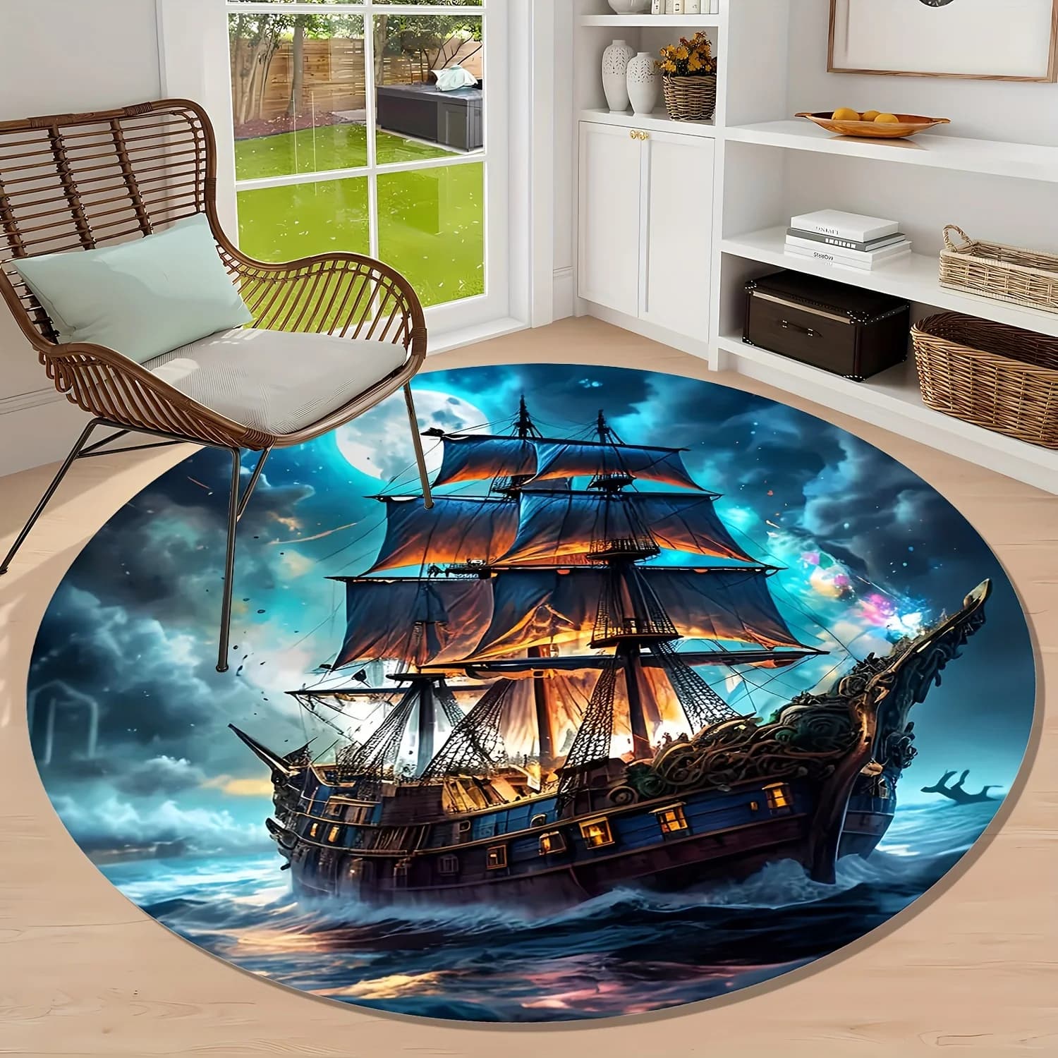 Pirate Ship Design Round Area Rug - 2D Printed Non-Slip Floor Mat for Living Room Bedroom & Outdoor Garden, 1PC