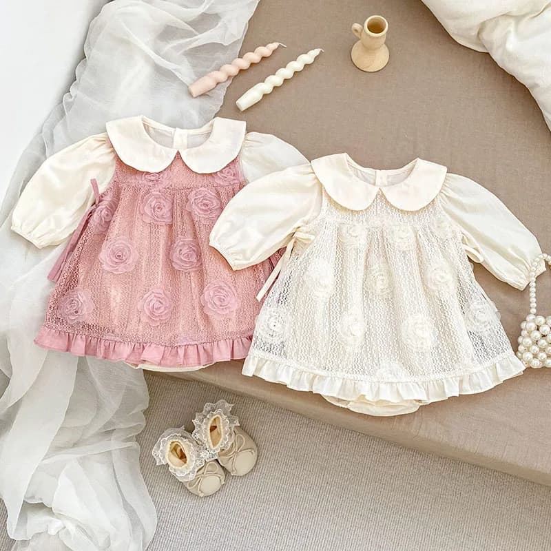 2024 nuovo autunno 0-24M vestiti per bambini neonate tute in cotone a maniche lunghe + abito in pizzo tuta da arrampicata in stile coreano