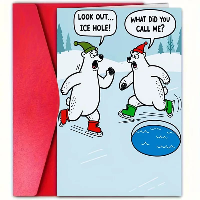 Cartoon Polar Bear Ice Skating Card, "Be Careful... Ice Hole!" And "What Did You Call Me?" Humorous, Holiday Winter Card