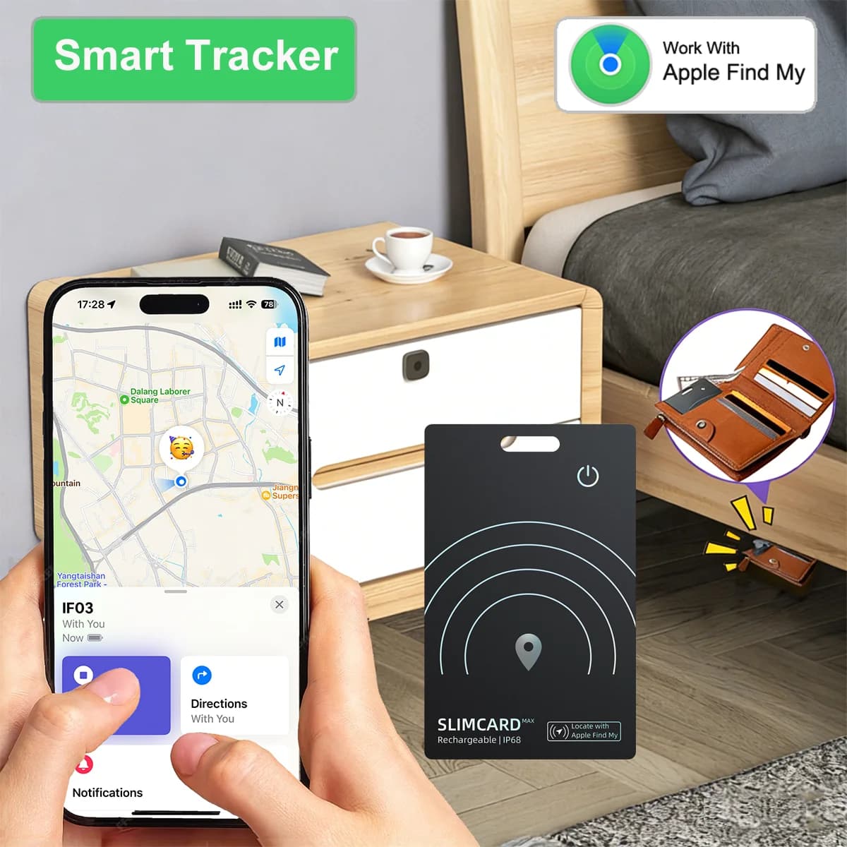 Localizzatore per Portafogli Compatibile con Sistema Apple iOS, Scheda di Tracciamento Ricaricabile Bluetooth per Portafogli, Borse, Chiavi, Pass