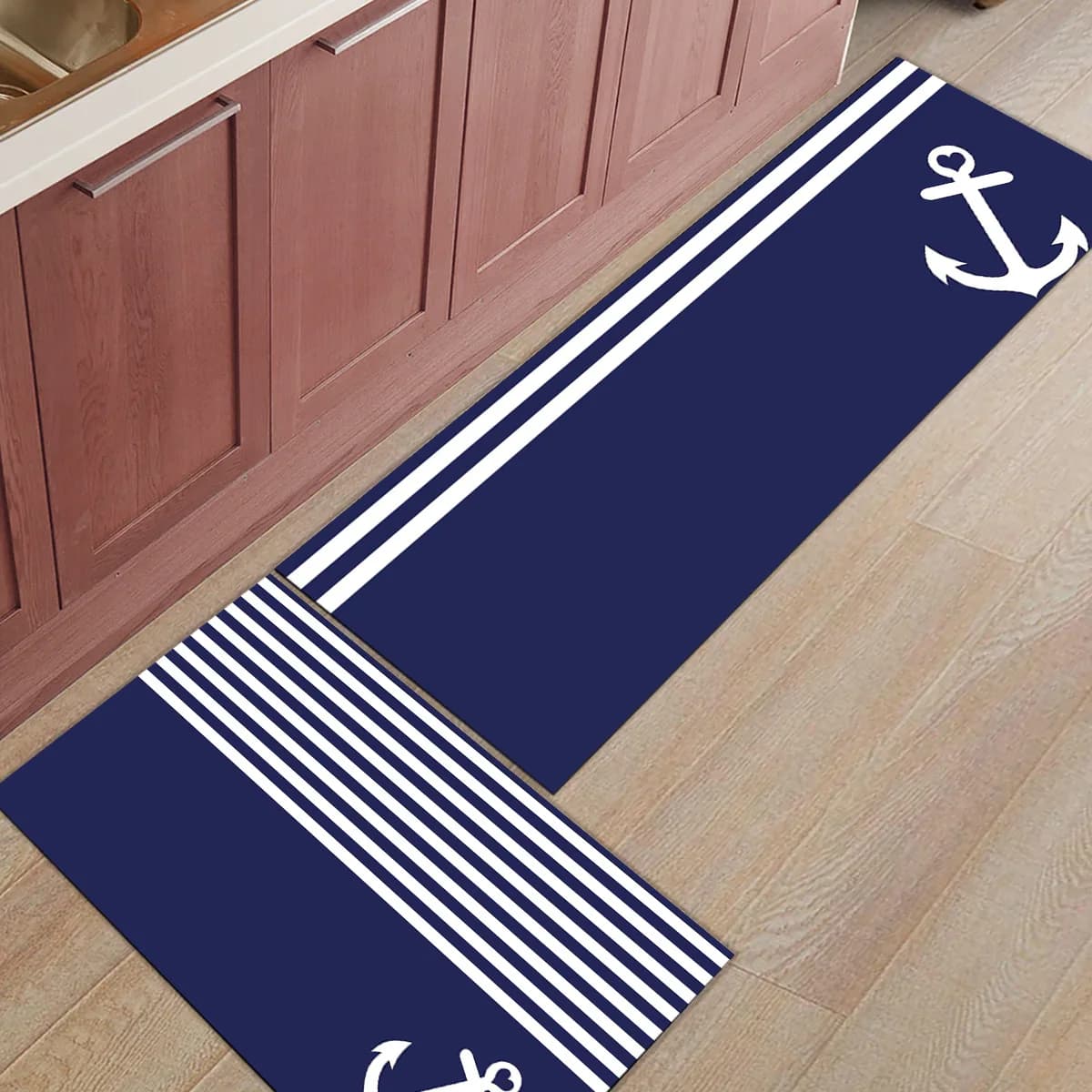 Tappeto con ancoraggio a strisce blu scuro Tappetino da cucina Zerbino d'ingresso per la casa Tappeto antiscivolo per area bagno Decorazione del pavimento della casa 1 pezzo