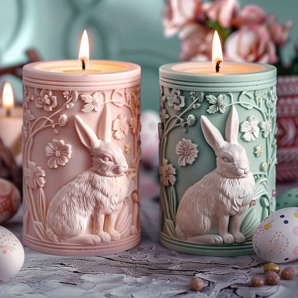 3D Fiore di pizzo Coniglio Cilindro in rilievo Candela Stampo in silicone Pianta Vite Fiore Pasqua Coniglio Statua Cilindro Stampi in gesso in resina