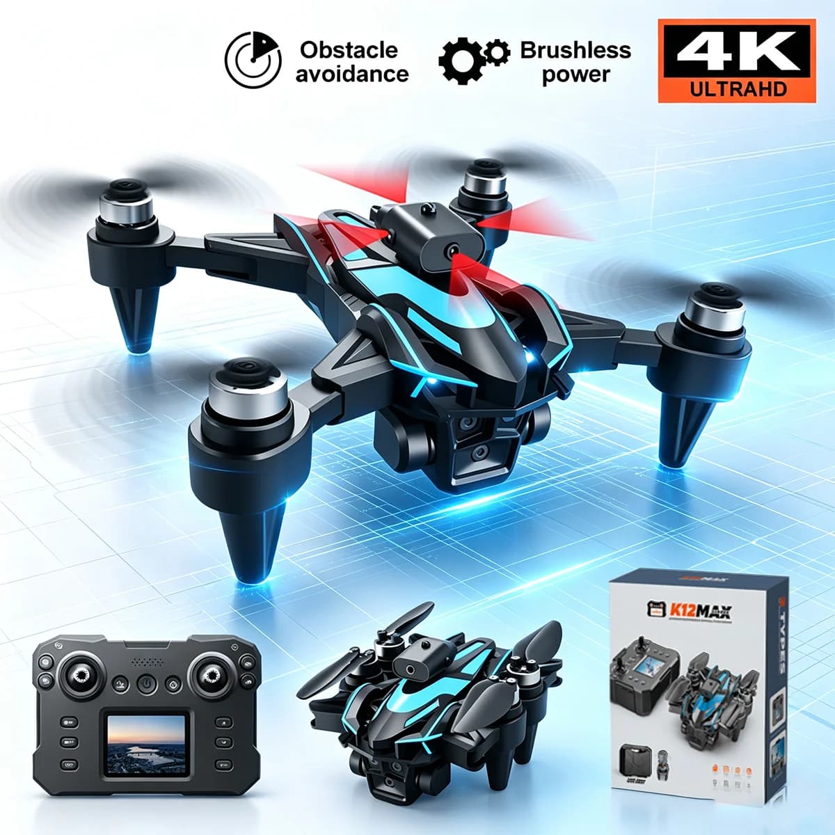 2026 New K12 MAX RC Drone Professional 4K Three Camera Brushless Intelligent Obstacle Avoidance Quadcopter Dron Kid Toy Gifts