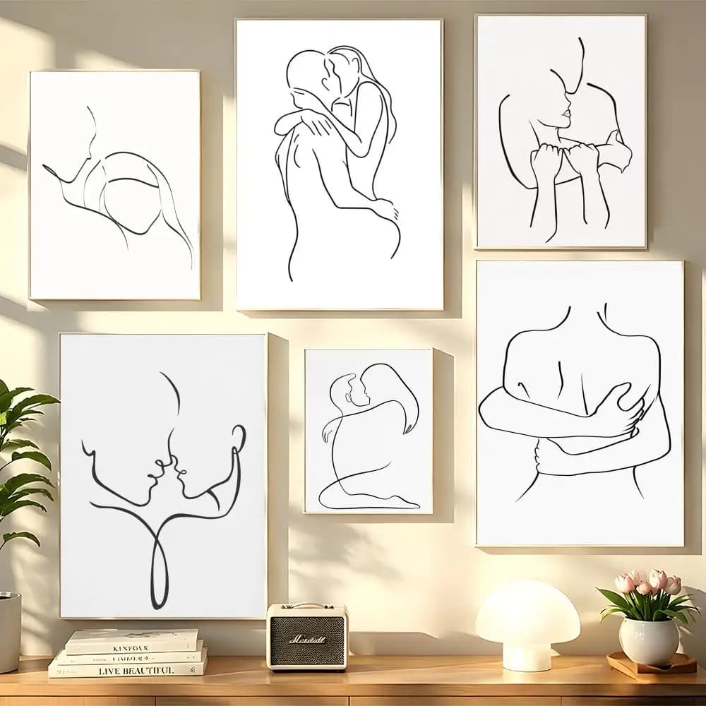 Simple Black White Couple Line Painting Calligraphy Poster art art suitable for living room bedroom bar parlor home