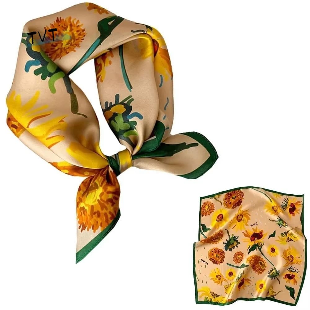 Soft Satin Silk Scarf Sunflowers Print Luxurious Sheen Foldable Headscarf Elegant Lightweight Breathable French Style Headscarf
