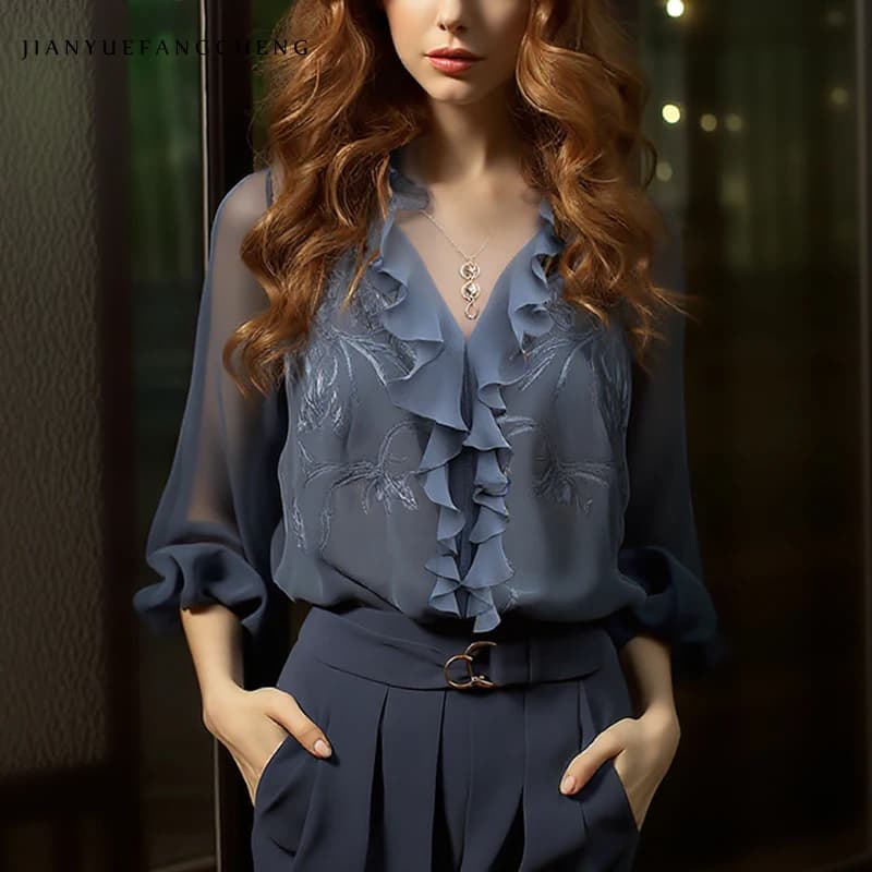 2025 Top estivo in chiffon leggero da donna con volant ricamato bordo scollo a V camicia casual allentata camicette primavera estate