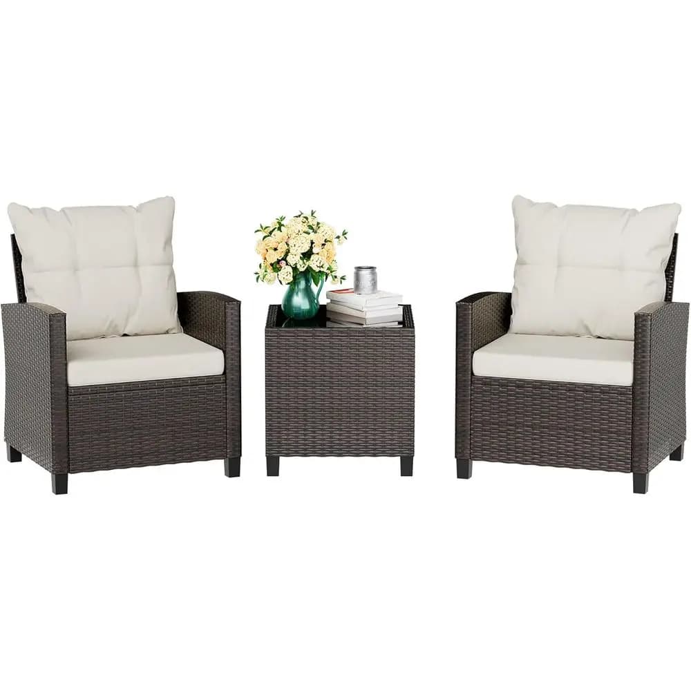 Compact Outdoor Wicker Patio Furniture Set with Cushioned Chairs and Glass Table for Garden, Balcony, Poolside (Beige)