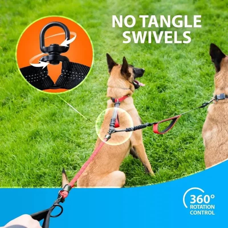 Guinzaglio doppio riflettente per cani, guinzaglio doppio in nylon regolabile anti-groviglio e anti-shock per due cani, 360 ° Corda Girevole con Assorbimento degli Urti