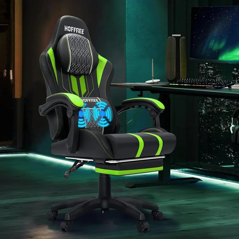 Ergonomic Massage Gaming Chair for Big and Tall, Supports Up to 400lbs, Reclining Green and Black