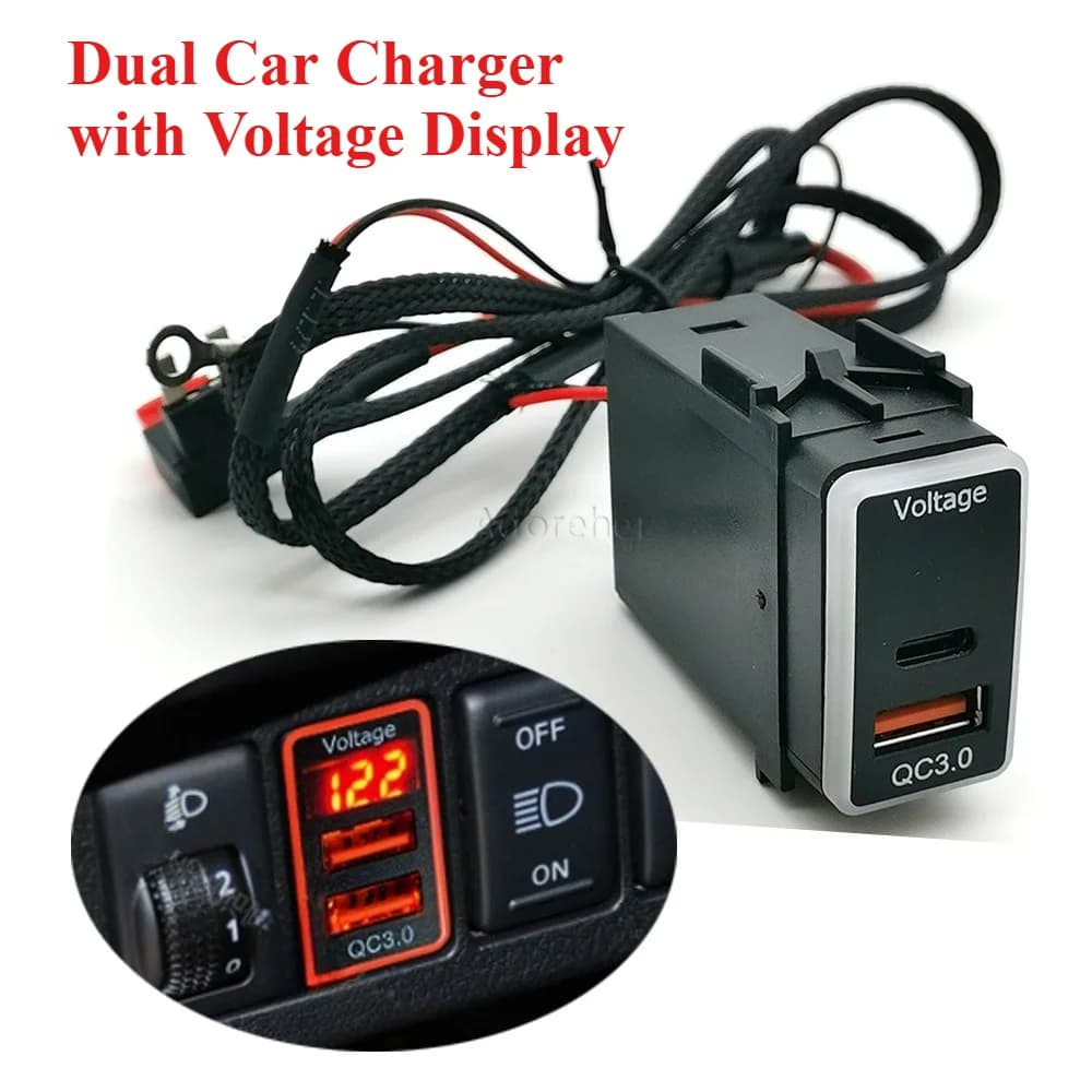 12V Dual Port Vehicle Refit PD QC3.0 Car Charger with Digital Voltage Power Socket for Nissan Sylphy/X-Trail/Patrol Y62