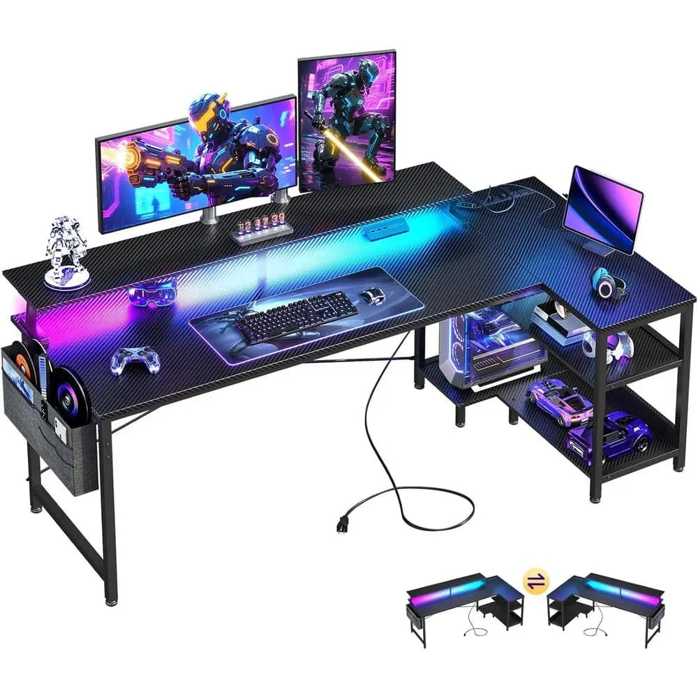Scrivania da Gaming a L da 66 Pollici con Porte USB, Luci LED, Spazio di Archiviazione e Supporto Monitor, Nero Fibra di Carbonio