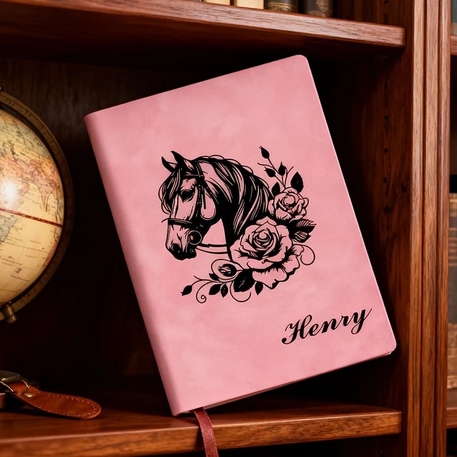 1pc Personalized Leather Notebook - Custom Horse And Floral Design, Premium Soft Pink Leather Writing Journal, Anniversary Gift