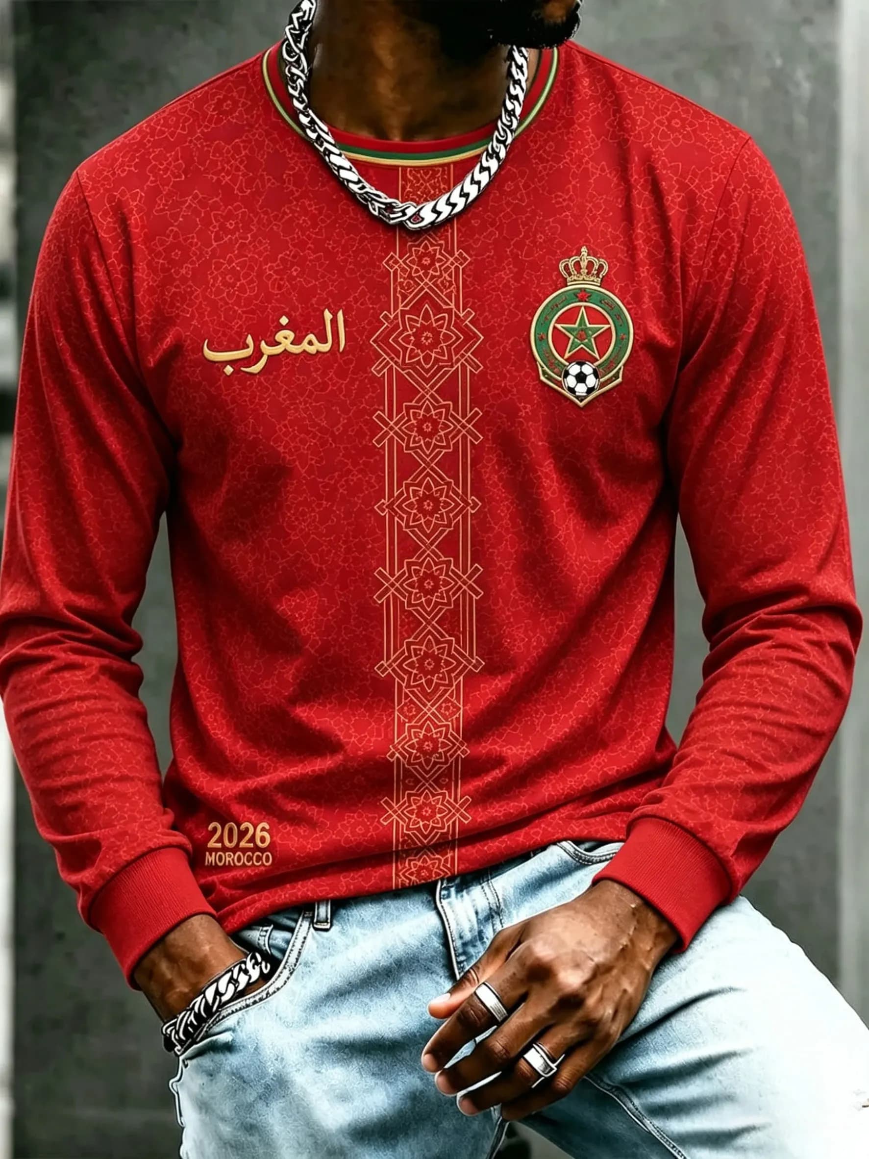 2026 Morocco Football Fans T Shirt Men Red Letter Print Long Sleeve Tee Team Soccer Supporter Casual Sports Jersey Top