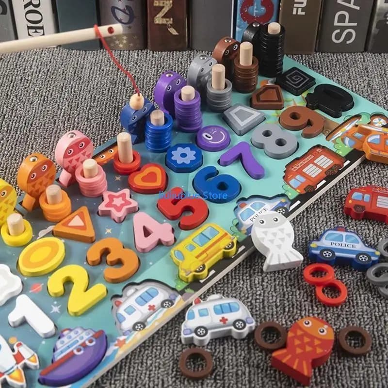 Giocattoli per i più piccoli Forme numeri in legno Blocchi per auto Conteggio matematico Forma Sorter Puzzle Board Educazione